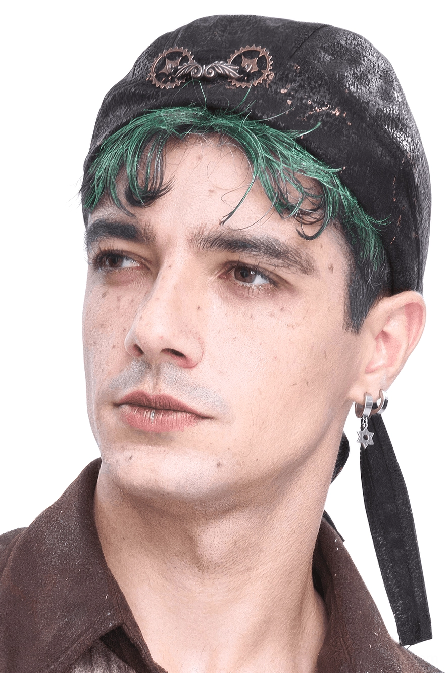 Steampunk marbled bandana cap with bronze dual gears worn by male model with green hair, front three-quarter view on white background
