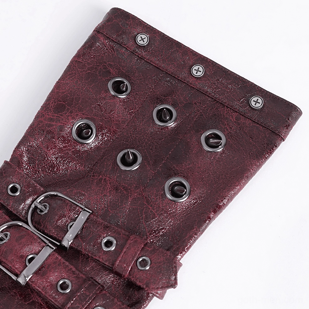 Macro detail shot of steampunk gothic gloves featuring metal eyelets, industrial buckle fasteners, and burgundy faux leather craftsmanship