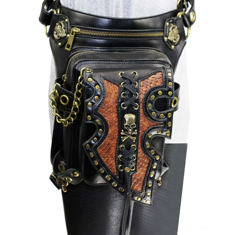 Close-up front view of gothic steampunk thigh bag on female model, metal chain accessory, rivet trim and embossed skull ornament