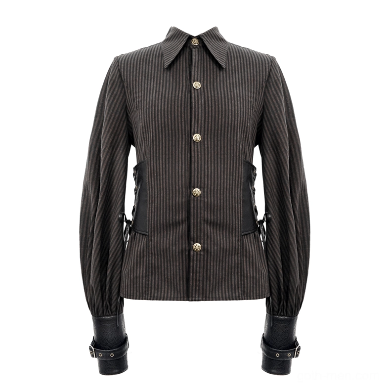 Brown pinstripe steampunk gothic shirt flat lay front showing bronze button placket