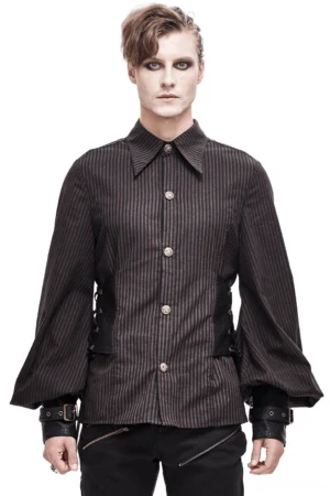 Brown steampunk gothic shirt with adjustable PU leather cuffs front view on male model