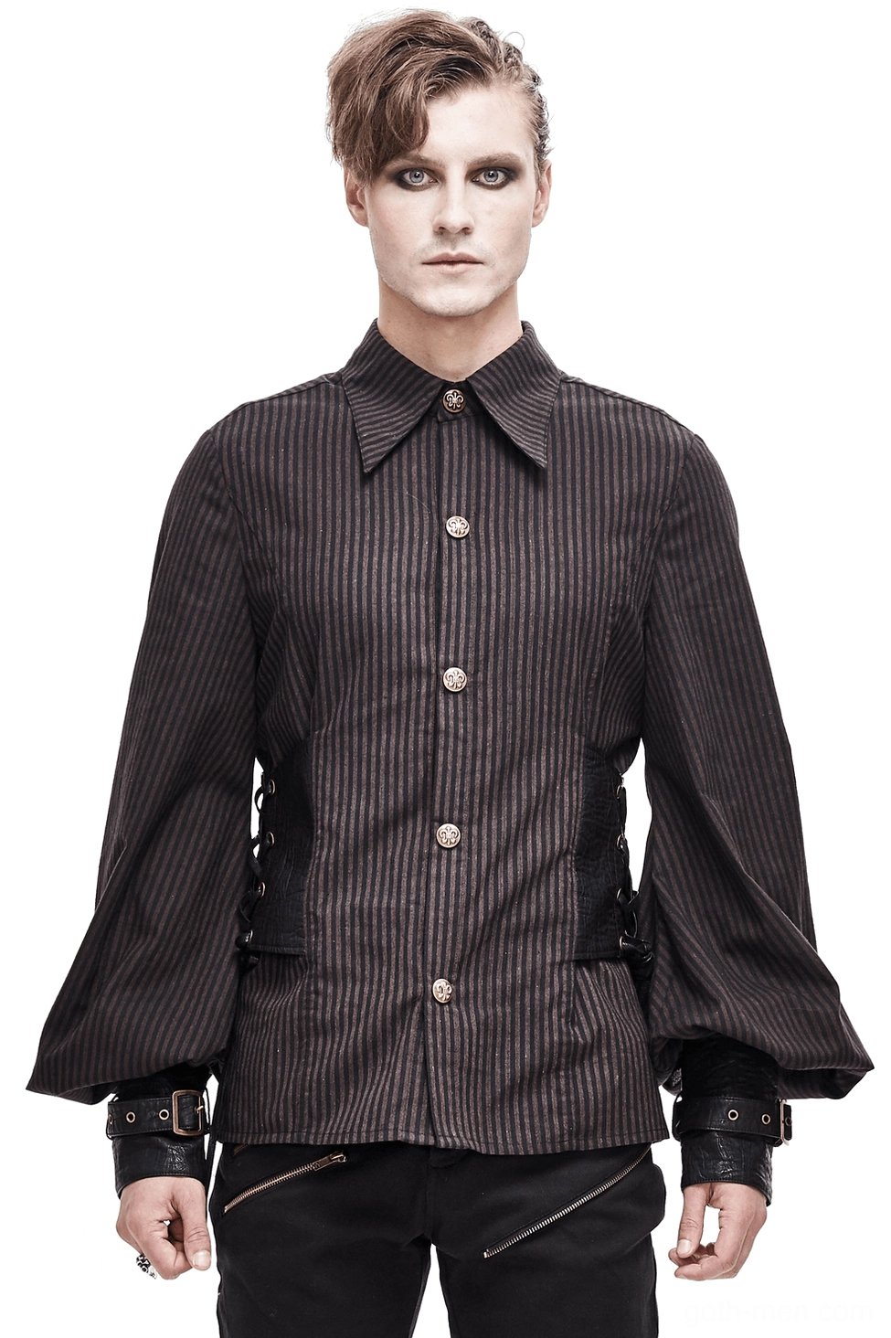 Brown steampunk gothic shirt with adjustable PU leather cuffs front view on male model