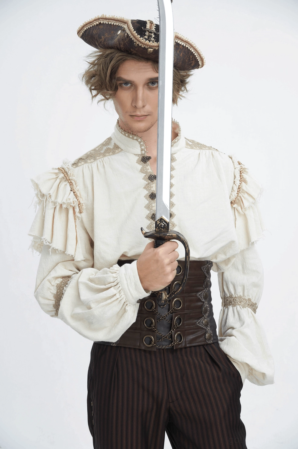 Pirate steampunk male model styling with gothic corset belt and period costume elements