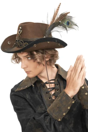 Brown steampunk hat with peacock feathers and gear trim, three-quarter side angle on model
