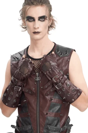 Dark gothic fingerless gloves with metal studs and buckles frontal view on male model, featuring mesh palm panel and burgundy faux leather construction