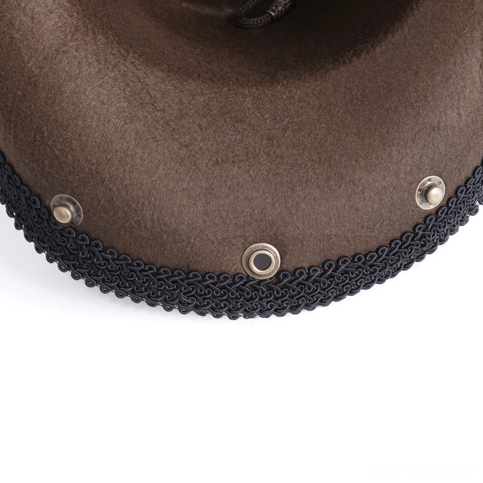 Steampunk gothic cowboy hat brim and feather decoration architectural detail shot
