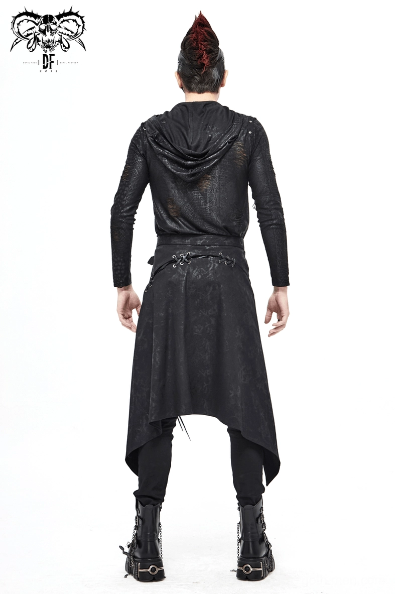 Three-quarter view of black steampunk gothic kilt highlighting all design elements and hardware placement