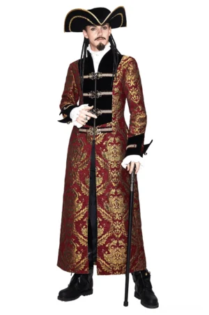 Red and gold gothic steampunk embroidered long coat front full-body view worn by model with tricorn hat and walking cane