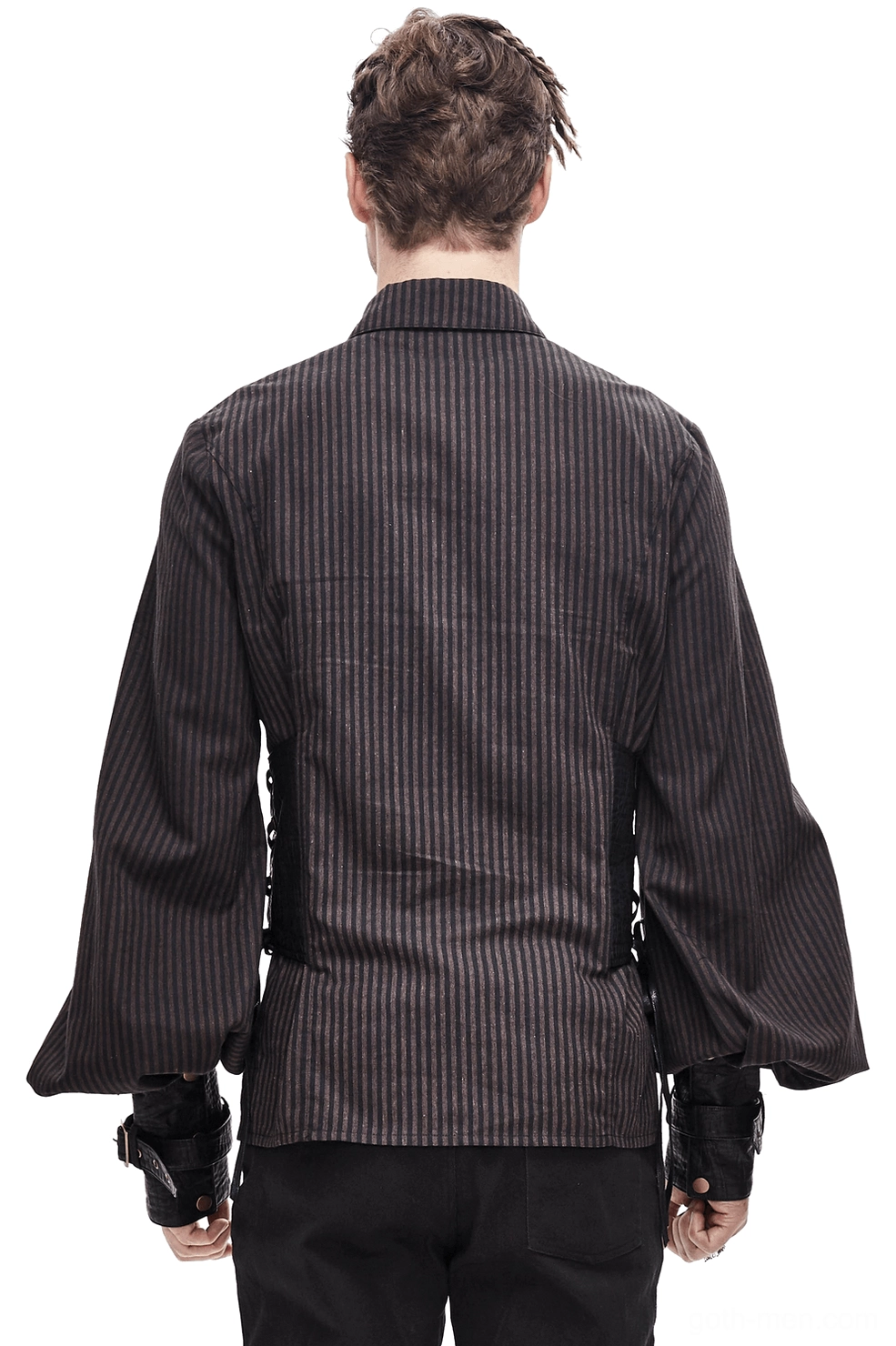 Steampunk gothic shirt rear view showing back corset lace-up design and PU wrist cuffs