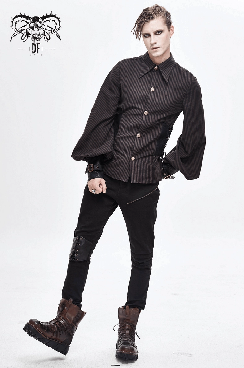 Brown steampunk gothic shirt bishop sleeve detail with adjustable leather cuff