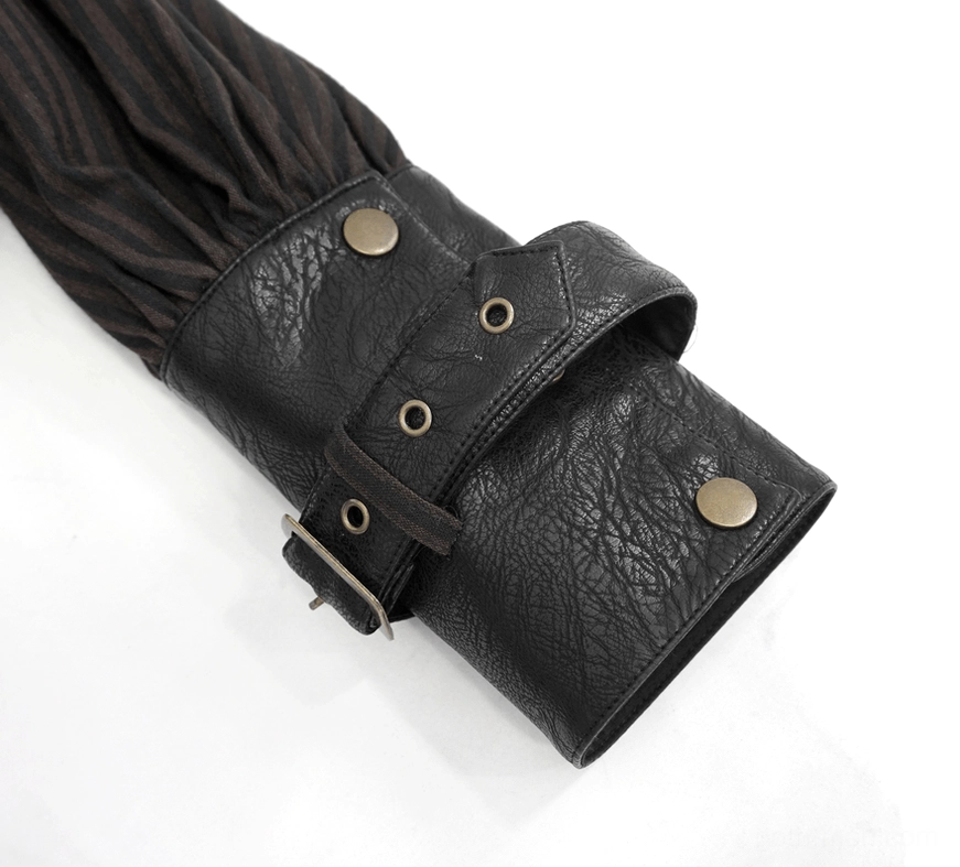 Top view of black PU leather cuff with metal snap buttons and adjustable strap