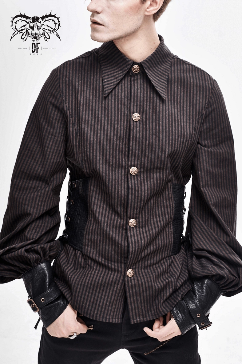 Brown pinstripe steampunk gothic shirt detail showing fabric weave and construction