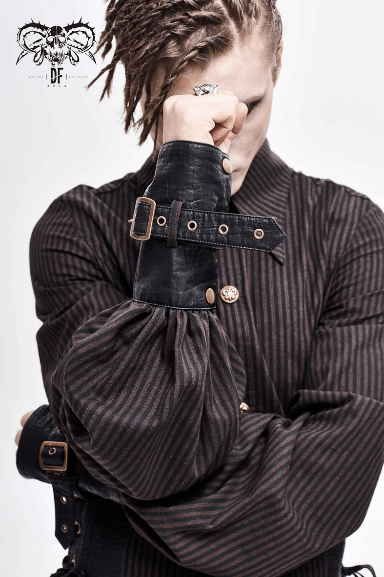 Full body view of steampunk gothic shirt worn with dark alternative fashion ensemble