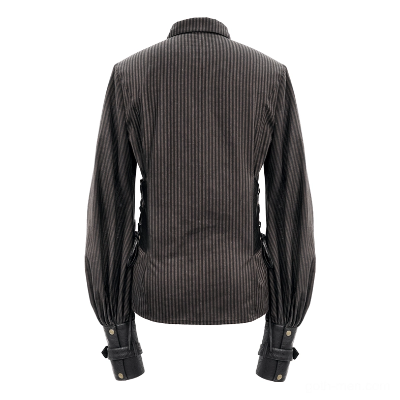 Brown pinstripe steampunk gothic shirt back flat lay showing vertical corset design