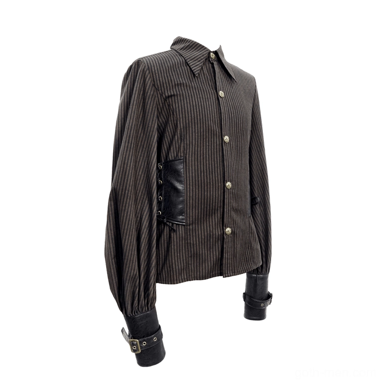 Steampunk gothic shirt side flat lay view displaying bishop lantern sleeve and PU leather strap