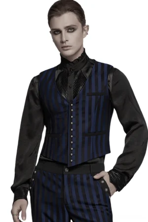 Black navy vertical striped gothic steampunk vest front three-quarter view on male model with carved metal buttons