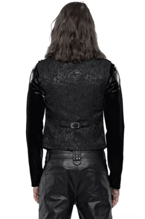 Black steampunk gothic vest rear view showing adjustable waist buckle and jacquard embossed fabric