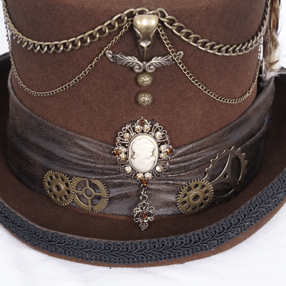 Angled close-up of steampunk hat details featuring intricate metal chains, decorative bird skull ornament, and detailed gear accents