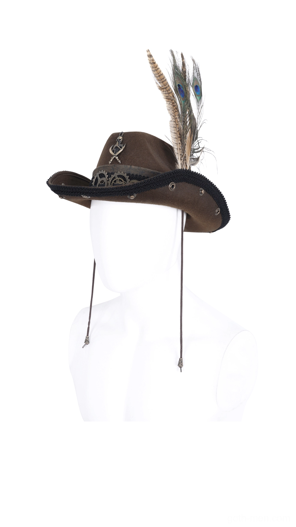 Steampunk gothic cowboy hat with gear band and peacock feather, side profile mannequin