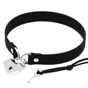 Black steampunk heart lock choker collar with silver padlock and key pendant, flat lay front view on white background
