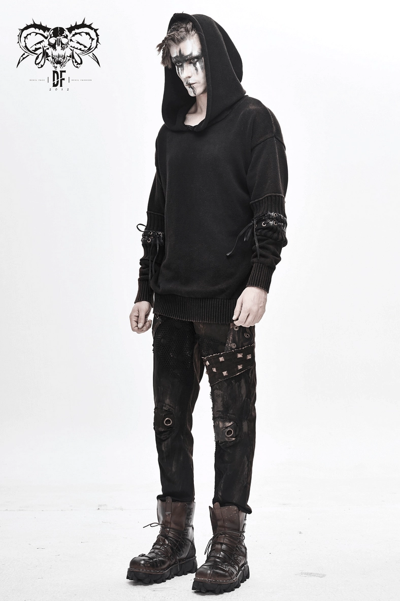 Side profile of men's steampunk hooded sweater showing garment drape and lace-up sleeve details with alternative outfit coordination