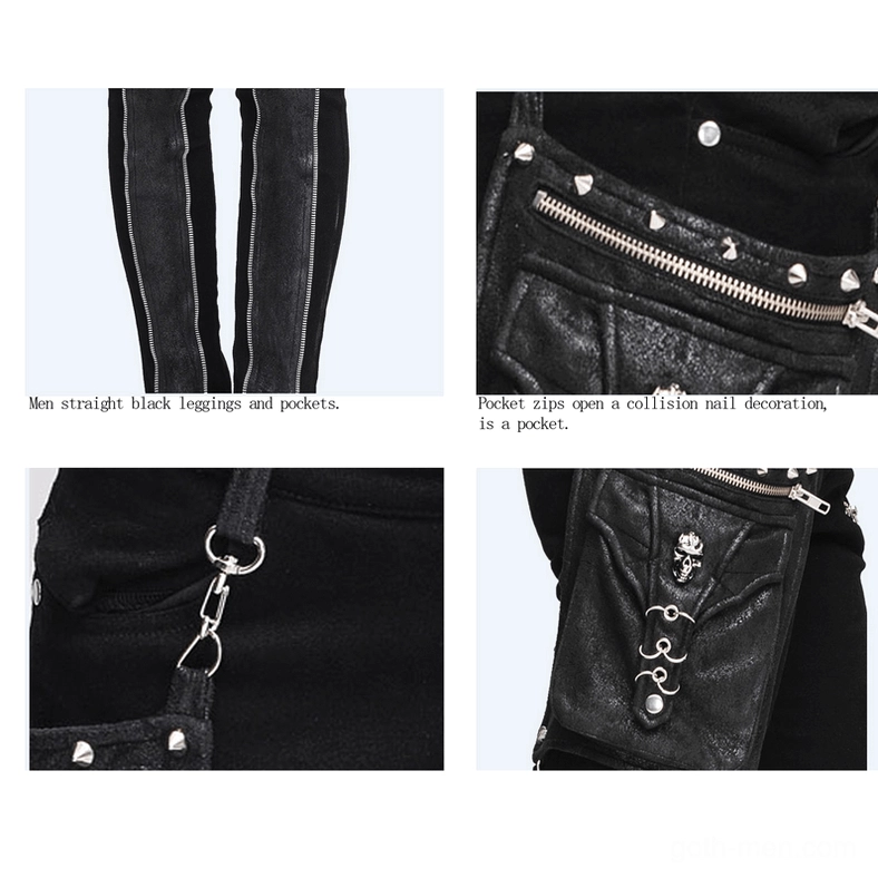 Close-up detail of black denim leg with vertical silver zippers running down slim fit steampunk jeans
