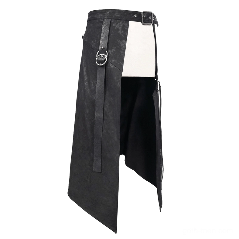 Left side view of men's steampunk kilt on dress form, showing decorative lacing and metal D-ring hardware