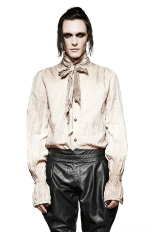 Steampunk linen gothic dress shirt front view on male model - beige crinkled fabric with ruffle neck detail and matching bow tie