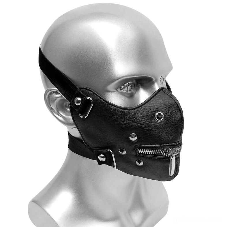 Steampunk gothic leather mask three-quarter view functional zipper metal rivets and locking adjustment straps