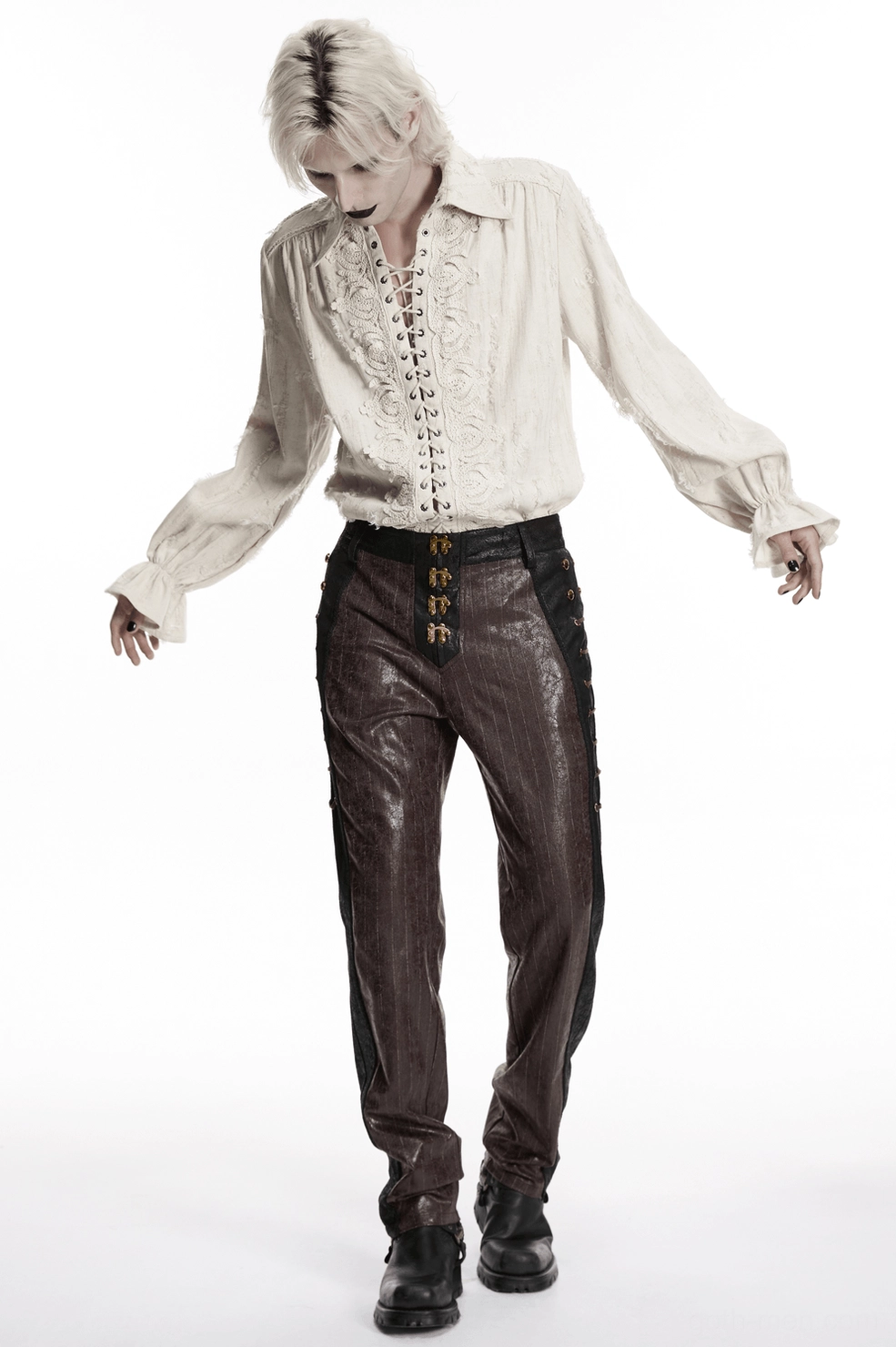 Angle view of steampunk leather pants highlighting antique gold clasp details and brown pinstripe pattern