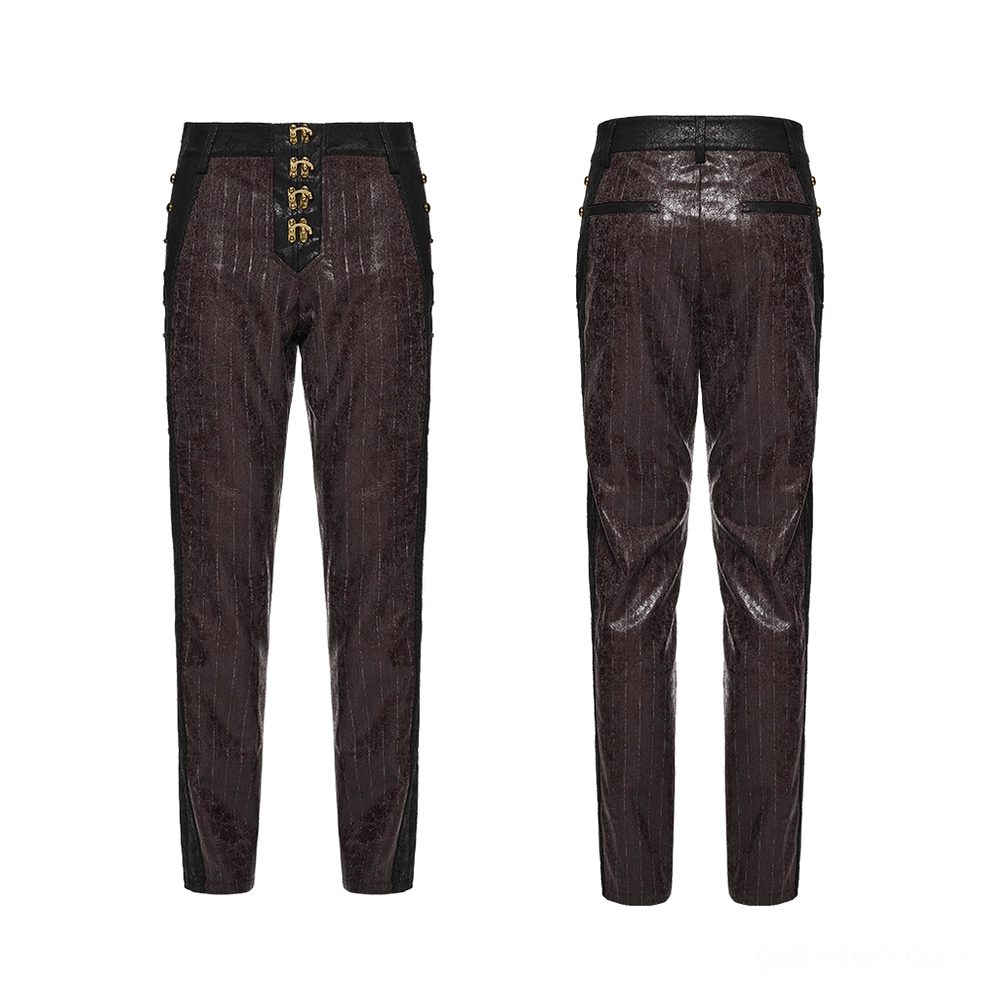 Flat lay front and rear view of brown striped steampunk faux leather pants with metal clasps and cracked leather accents