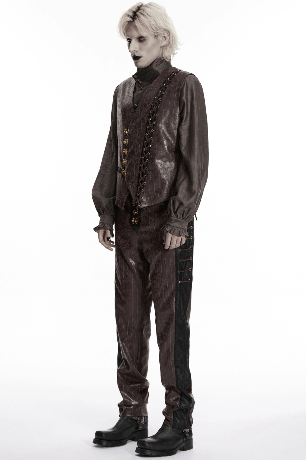 Front view of brown steampunk striped faux leather pants showing fitted cut and functional metal hardware