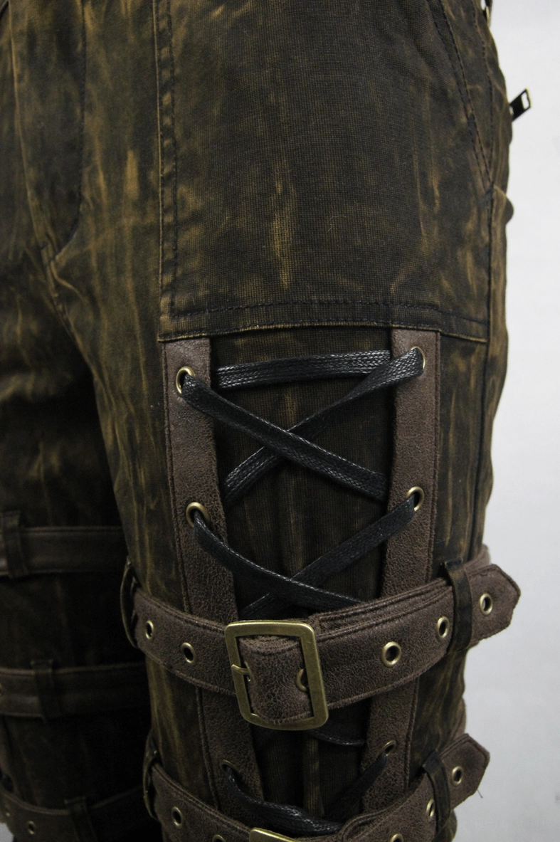 Steampunk pants leg crisscross lace-up design close-up showing leather buckle straps and textured cotton material