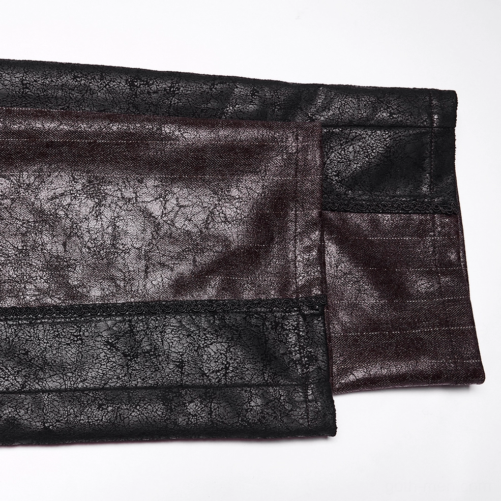 Detail view of steampunk pants showing pinstriped faux leather texture and antique hardware construction