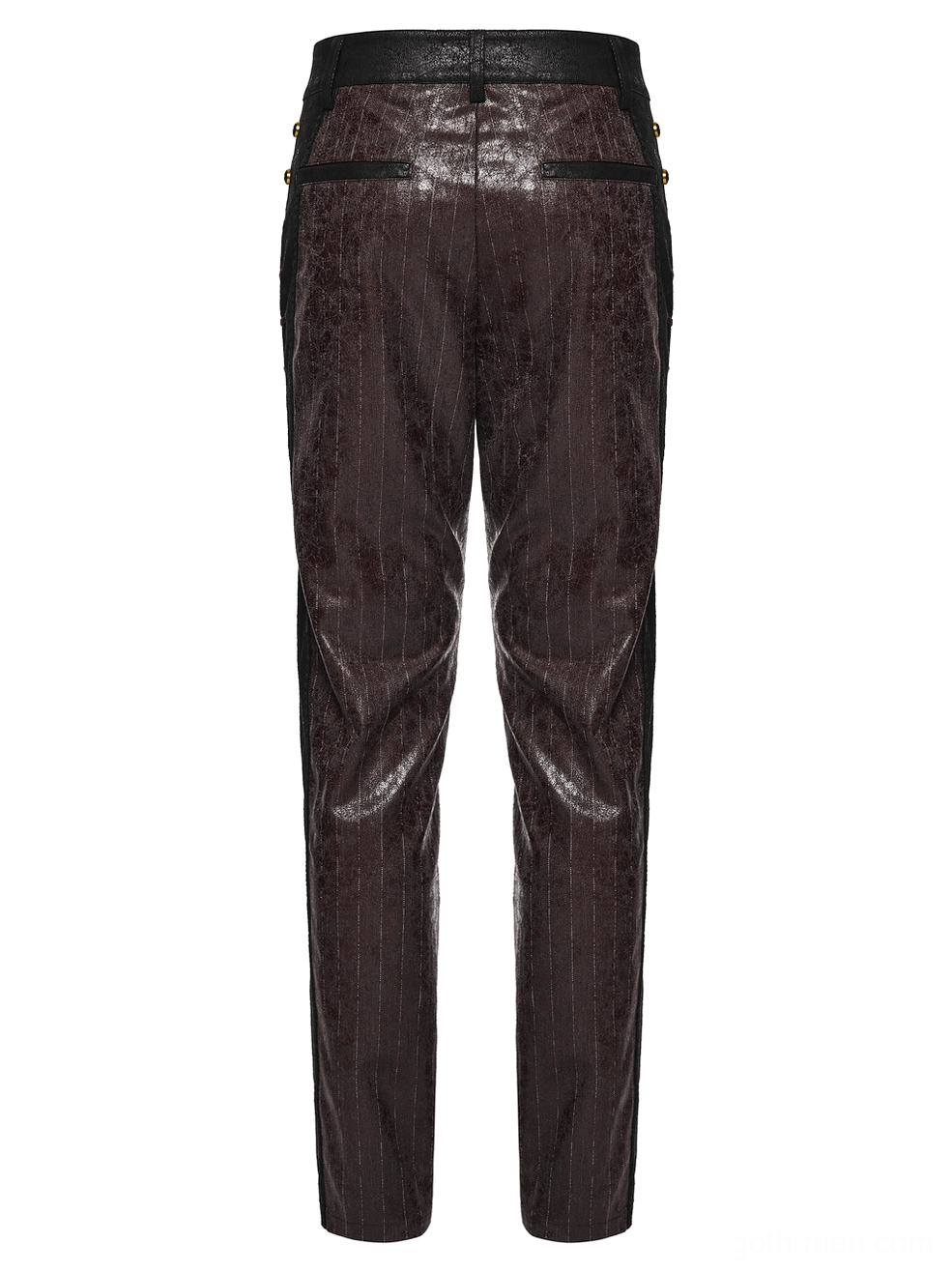 Rear flat lay of brown striped steampunk leather pants showing cracked faux leather texture and high waist design