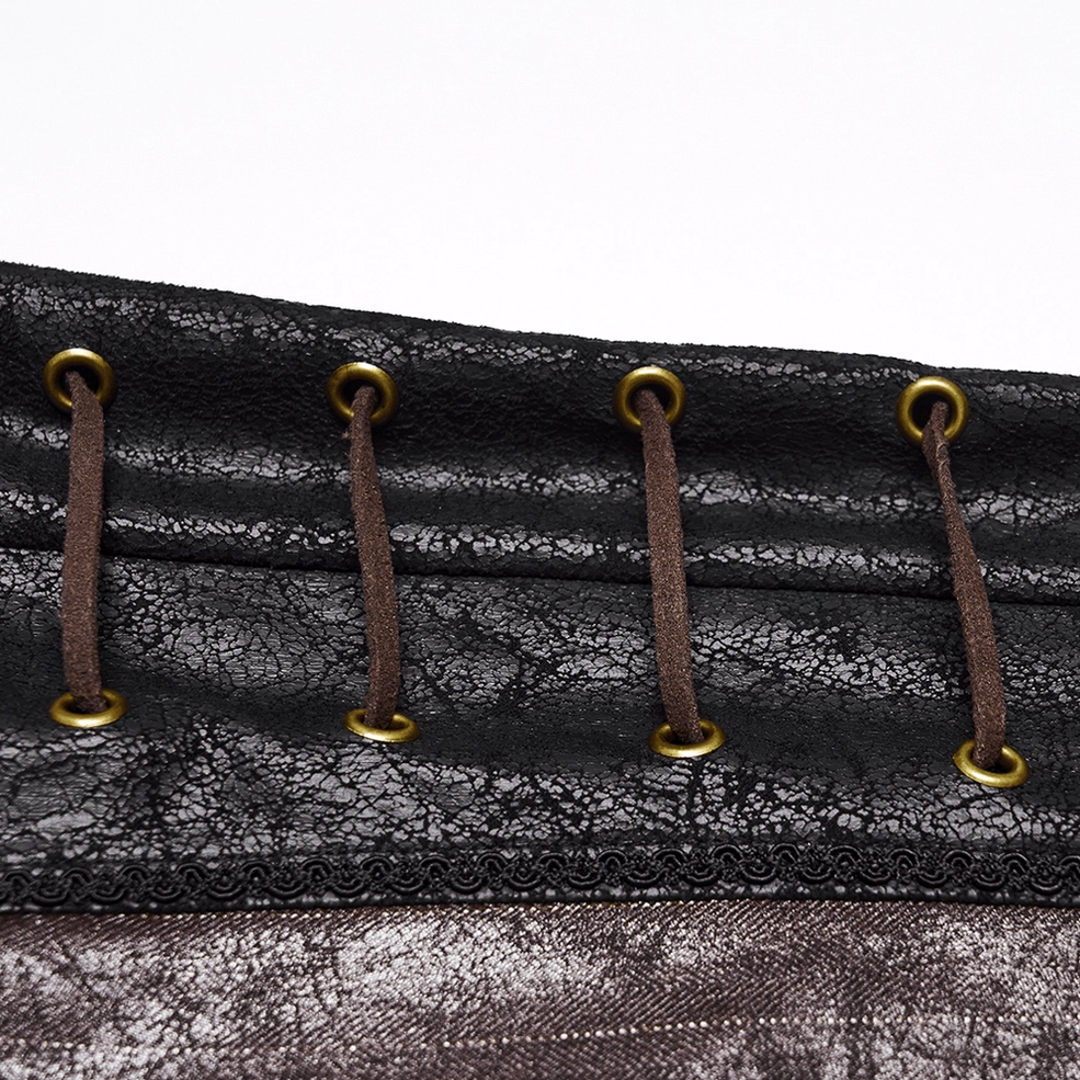 Close-up detail of steampunk pants side lace-up eyelets and brown lace cord with brass hardware