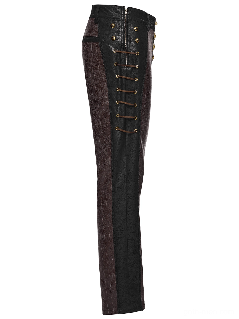 Side view flat lay of steampunk pants highlighting black cracked leather panels and functional side lace-up cords