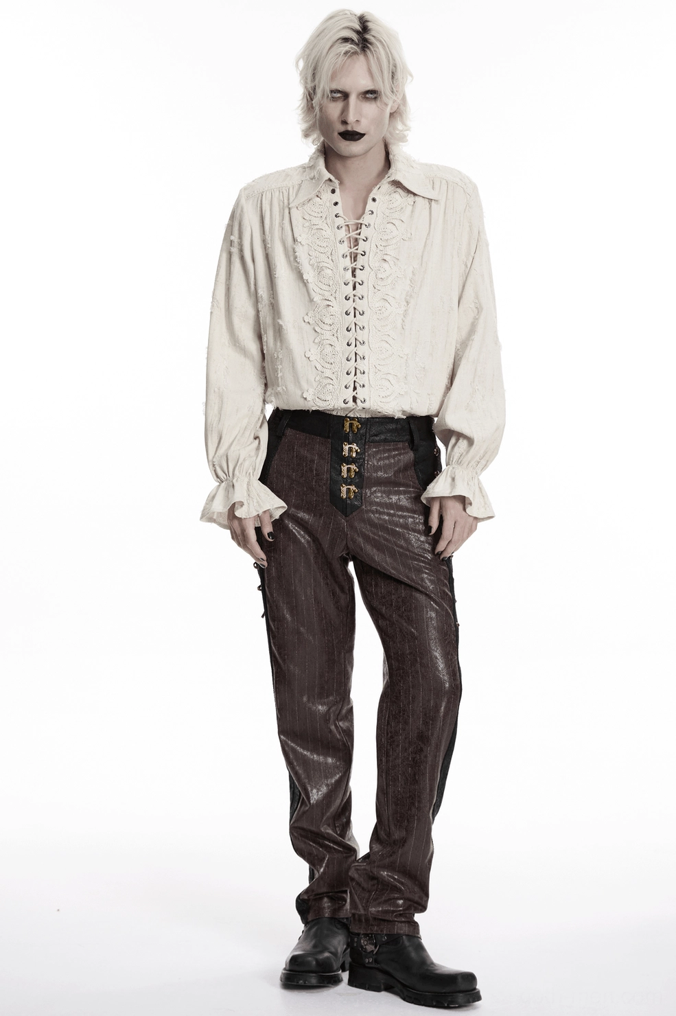 Three-quarter view of brown striped steampunk pants showing side lace-up design and fitted hip construction