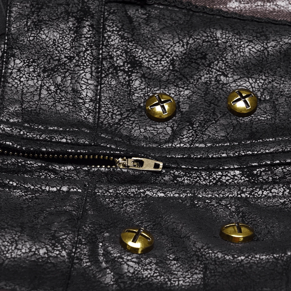 Close-up of steampunk pants waist zipper and cracked black faux leather with round gold buttons