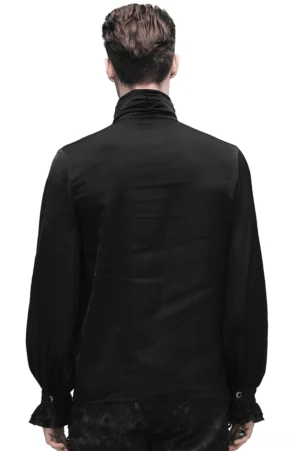 Back view of men's Gothic steampunk shirt featuring long sleeves and ruffled cuffs, displayed on male model against white background
