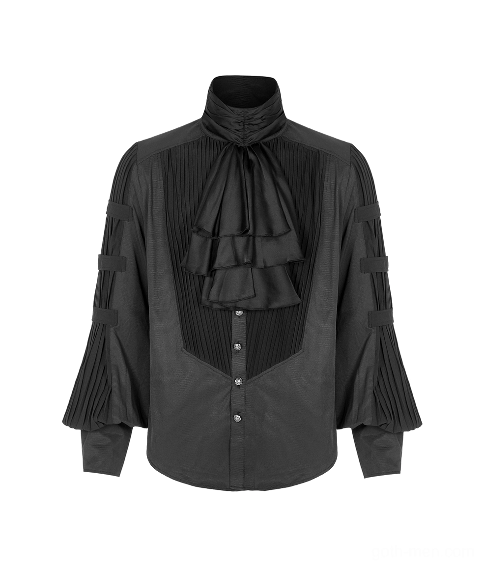 Black steampunk shirt close-up showing high turtleneck collar, front pleated decoration, and voluminous ruffled ascot tie design