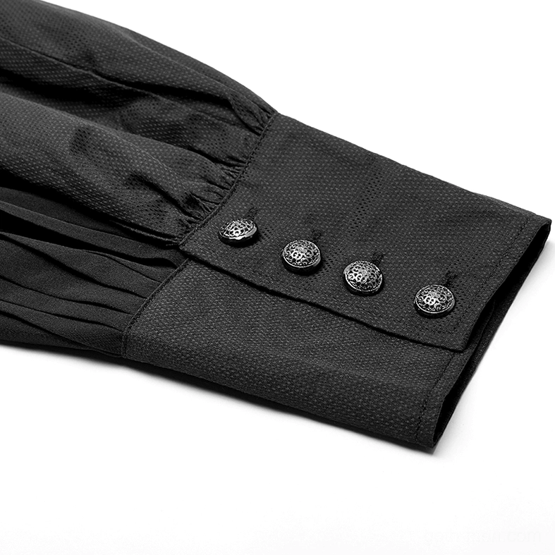 Black gothic shirt cuff detail close-up displaying four embossed silver cuff buttons and pleated sleeve fabric construction
