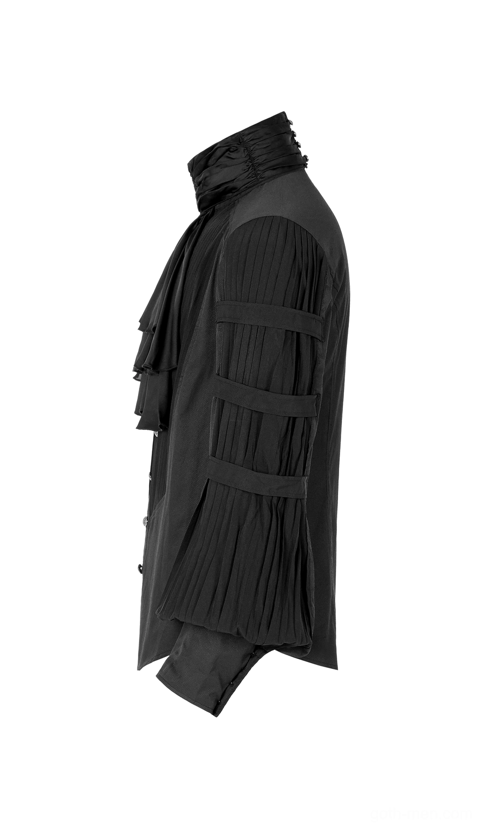 Black steampunk formal shirt side profile showcasing pleated sleeve panels, fitted silhouette, and structured stand collar design