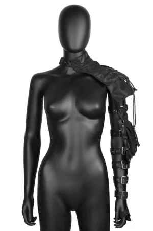 Black steampunk shoulder bag front view on mannequin with lace-up design and gothic aesthetic, demonstrating crossbody wear style