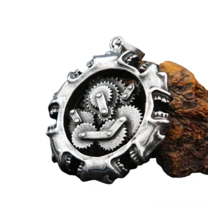 Steampunk skull necklace oblique angle showing visible gear transmission structure and industrial gothic aesthetic