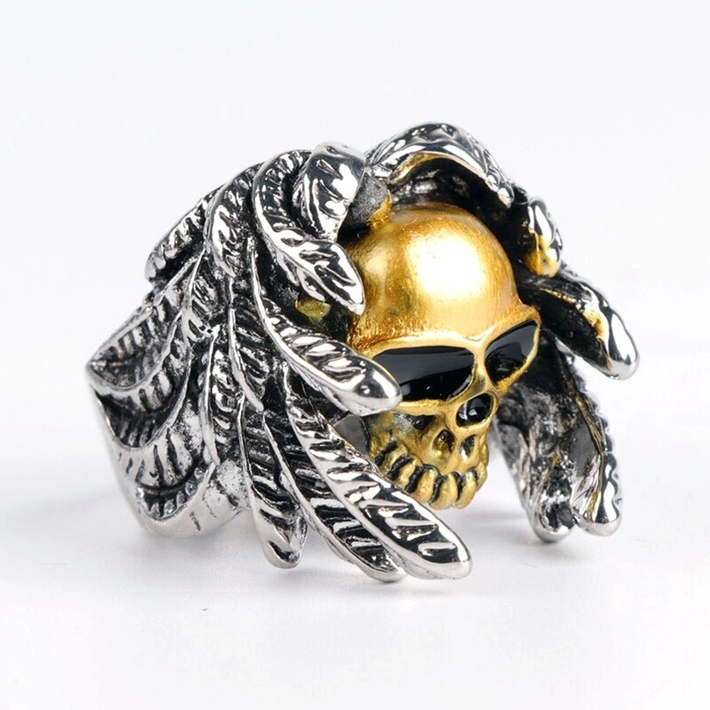 Steampunk skull ring right side profile displaying carved feather details and vintage silver metal texture