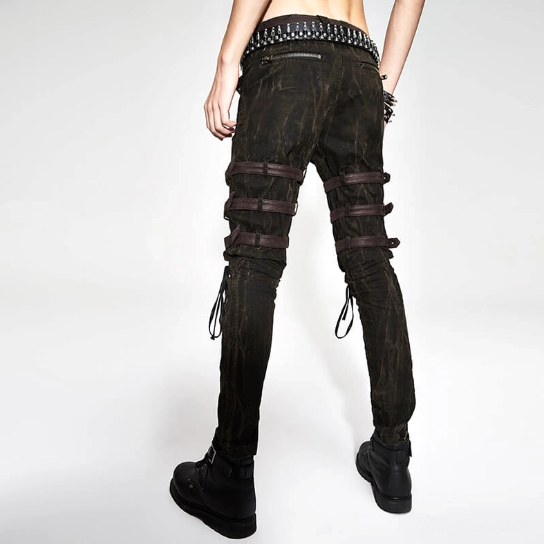 Steampunk slim-fit trousers showing overall construction quality, washed brown fabric finish, and hardware craftsmanship