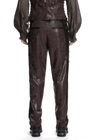 Rear view of brown pinstriped steampunk pants showing high waist design and side lace-up details with brass eyelets