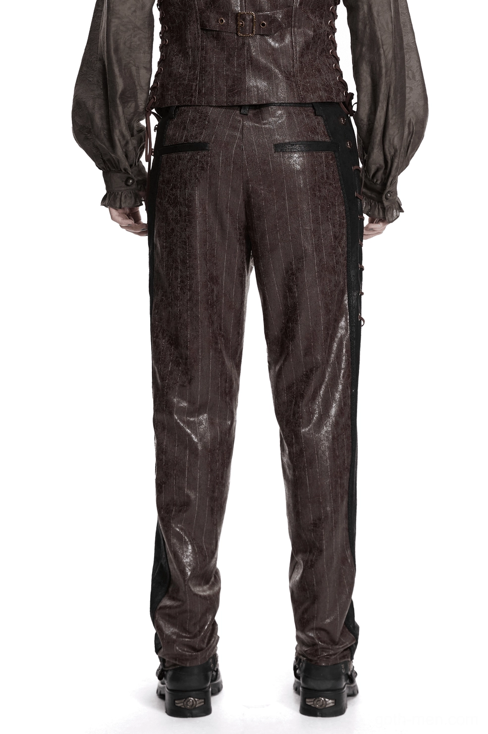 Rear view of brown pinstriped steampunk pants showing high waist design and side lace-up details with brass eyelets