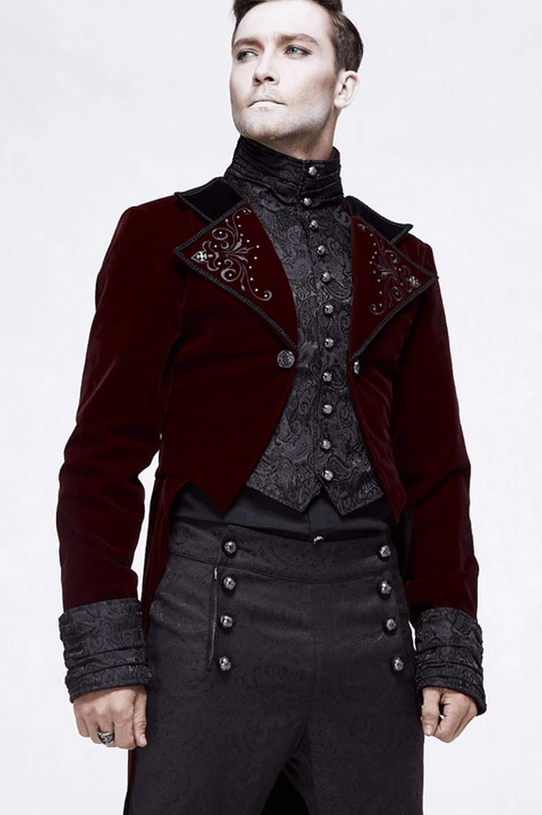 Steampunk suit upper body detail on male model showing tailored short front coat hem and fitted silhouette